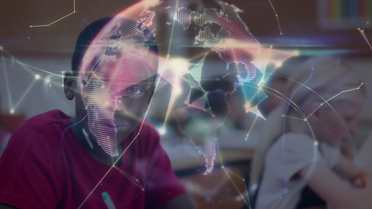 Animation of globe with network of connections over schoolboy writing