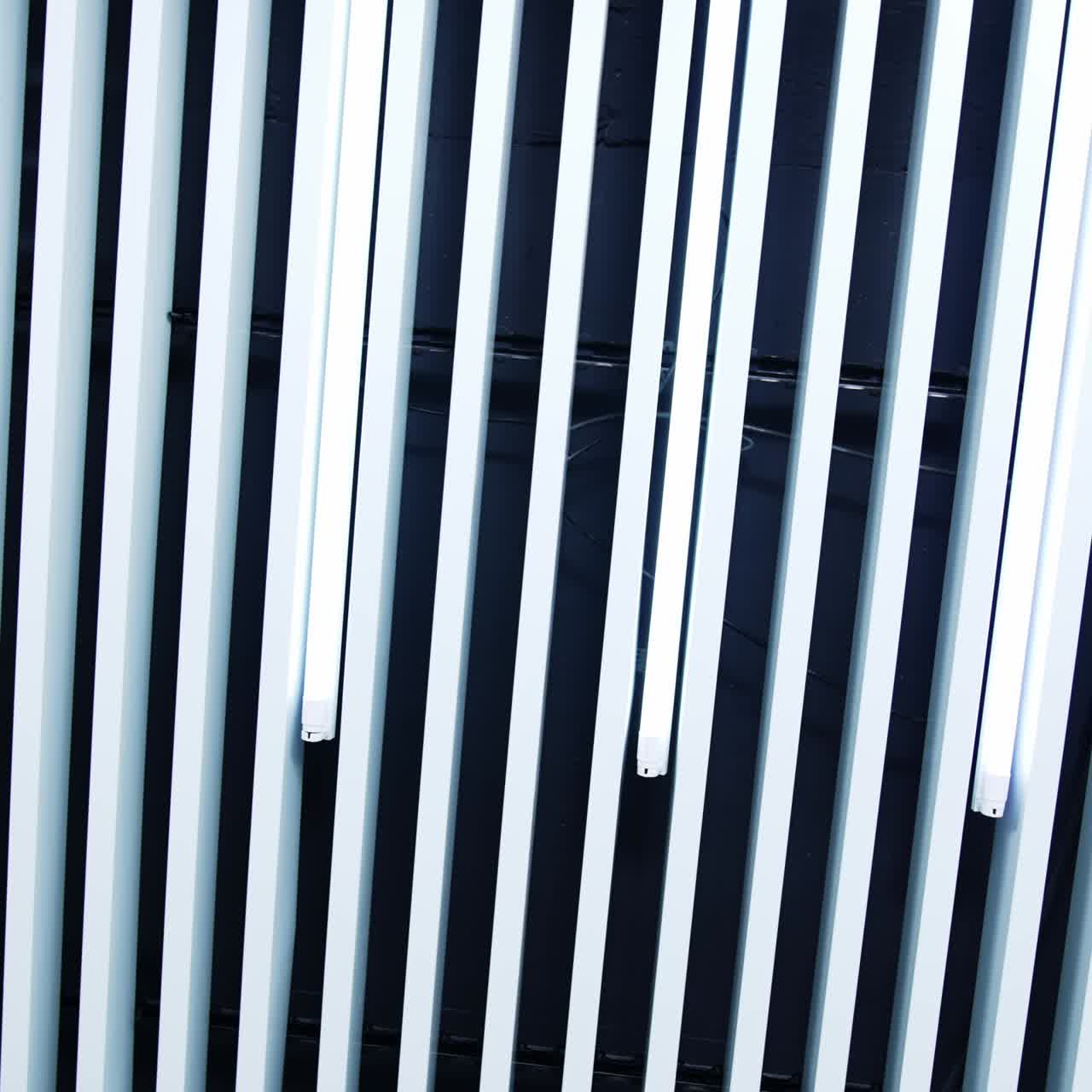 Long lamps of daylight on the ceiling. White planks parallel to the illumination equipment