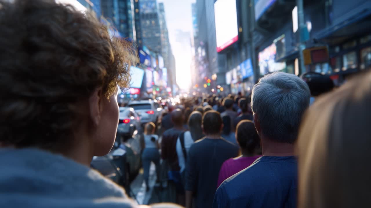Crowded City Street Scene at Dusk: A Diverse Crowd of People Walking Towards a Brightly Lit Cityscape with Vibrant Billboards and Cars on the Road