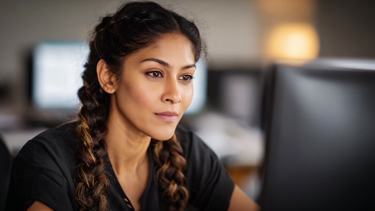 Focused and Engaged: A Woman with Braids Contemplating at Her Computer, Illustrating Concentration and Deep Thought in a Modern Work Environment