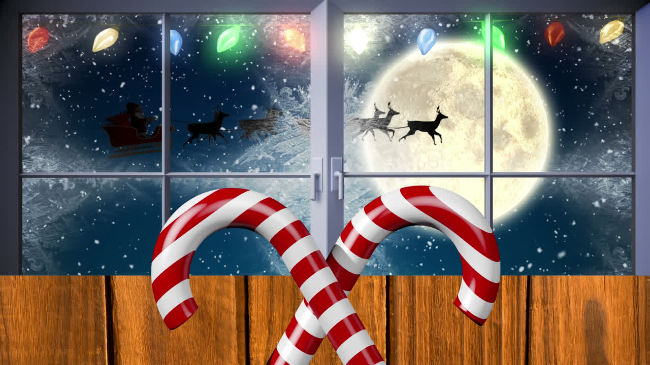 Animation of santa claus in sleigh with reindeer, snow falling, moon and christmas decorations