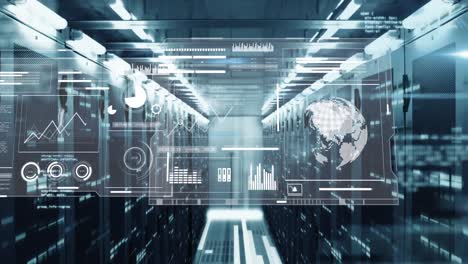 Animation-Mehrerer-Diagramme,-Globen,-Ladebalken-Und-Kreise-über-Dem-Datenserverraum