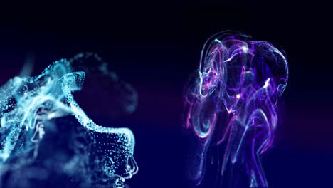 animation of glowing blue and purple particle forms moving on black background
