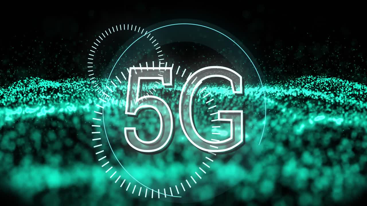 animazione di testo 5g su maglia ondulata astratta con punti verdi