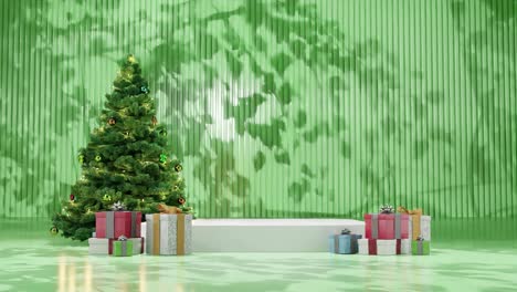 Christmas-tree-with-ornaments-and-wrapped-presents-on-a-green-floor-against-a-yellow-background