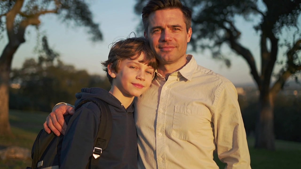 Tightening framing capturing dad holding son on grassy hill for closeup with backpack light shirt
