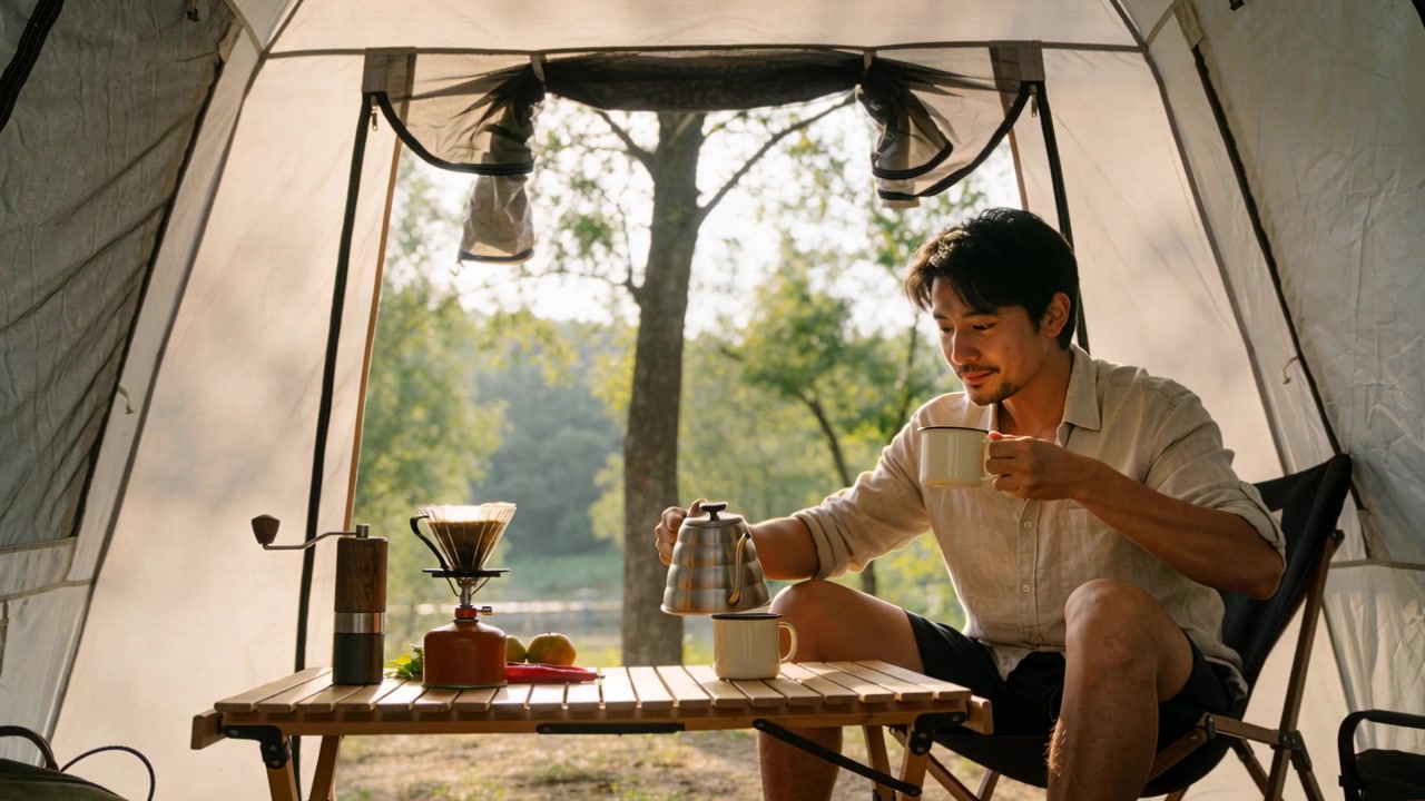 Uomo in camicia chiara e pantaloncini che prepara il caffè all'interno di una tenda, con la luce del sole che filtra, versando il caffè dalla teiera.
