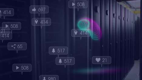 Animation-of-neon-circles-and-social-media-reactions-over-servers