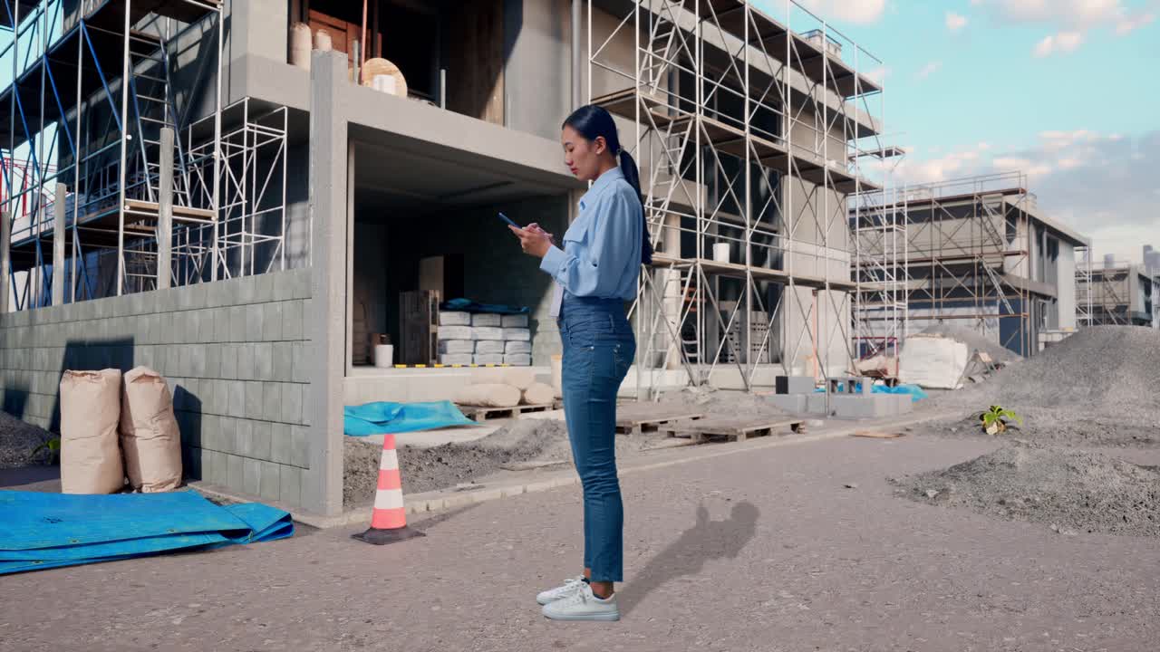 Full Body Side View Of Asian Female Worker With Her Phone At Construction Site in Progress to New House, She Observes By Looking Around Before She Come To Concentrating With Her Smartphone