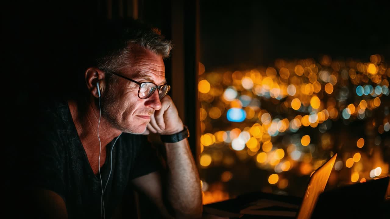 A Thoughtful Individual Engaged in Work at Night, Surrounded by a Cityscape of Dazzling Lights, Creating an Atmosphere of Introspection and Focus