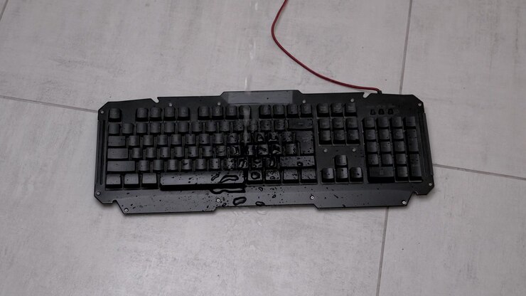 In a kitchen, water is being poured onto a computer keyboard. The keyboard is placed on a tiled surface. This shows a cleaning process on a weekday afternoon.