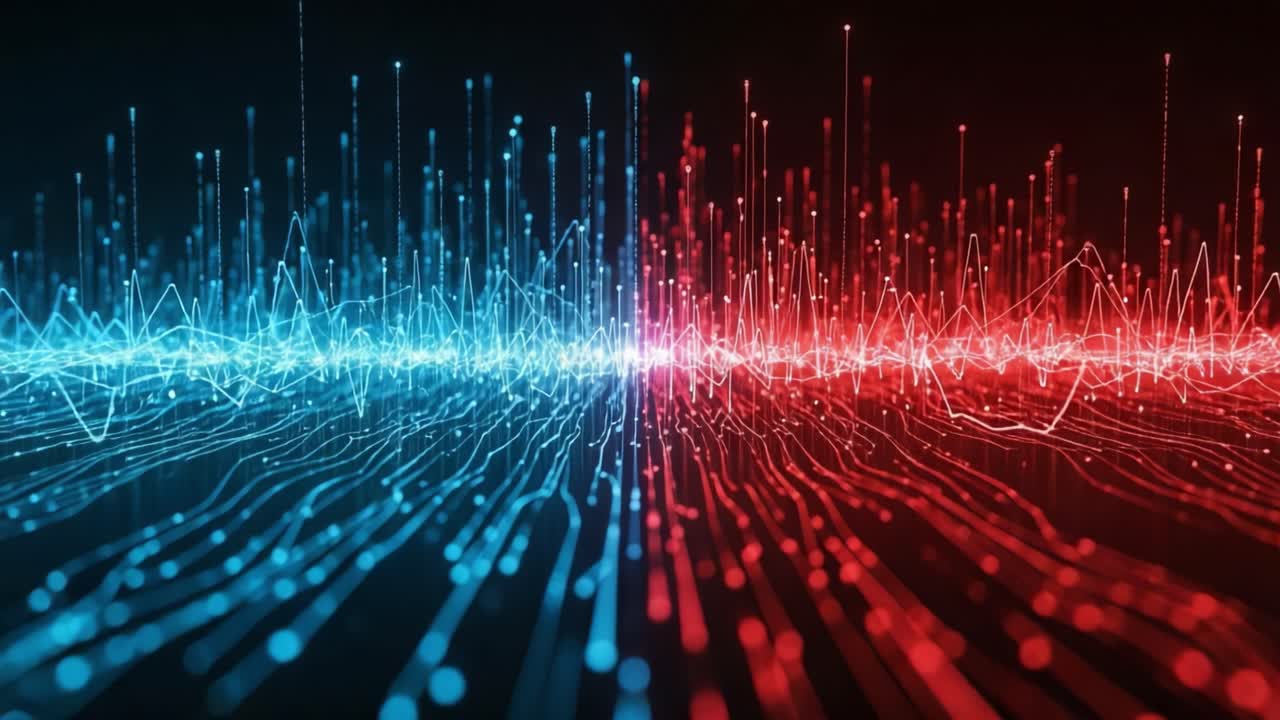 A mesmerizing visual representation of data waves undulating in a vibrant display of blue and red hues, illustrating the dynamic interplay between sound and technology.