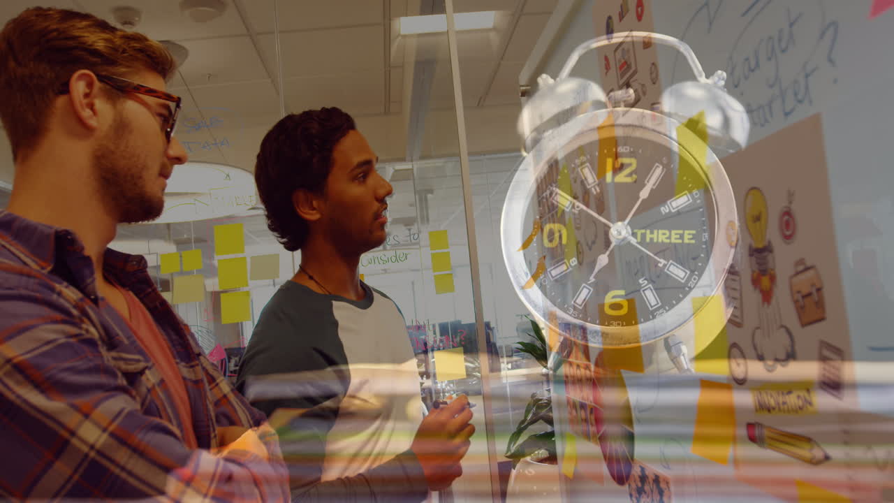 Animation of clock over diverse businessmen taking notes