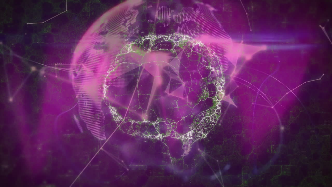 Digital globe and network connections animation over abstract purple background