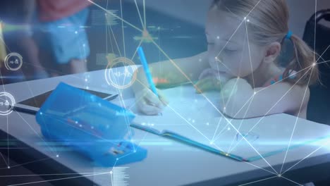 network of connections and data processing against caucasian girl studying in the class at school