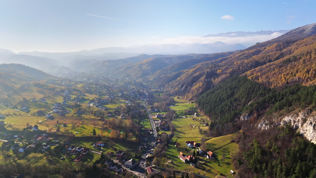 Aerial drone view of the Carpathian Mountains, near Brasov, Romania
