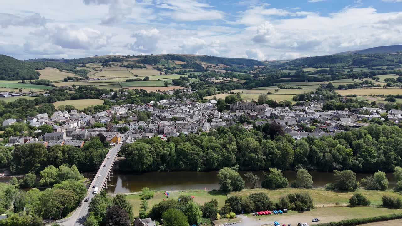 Hay on Wye Wales UK panning establishing aerial shot