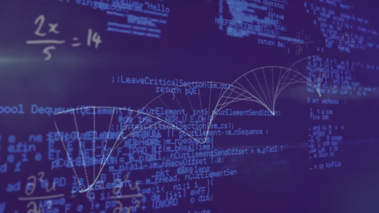 Animation of processing blue data and equations with dna helix rotating on blue screen
