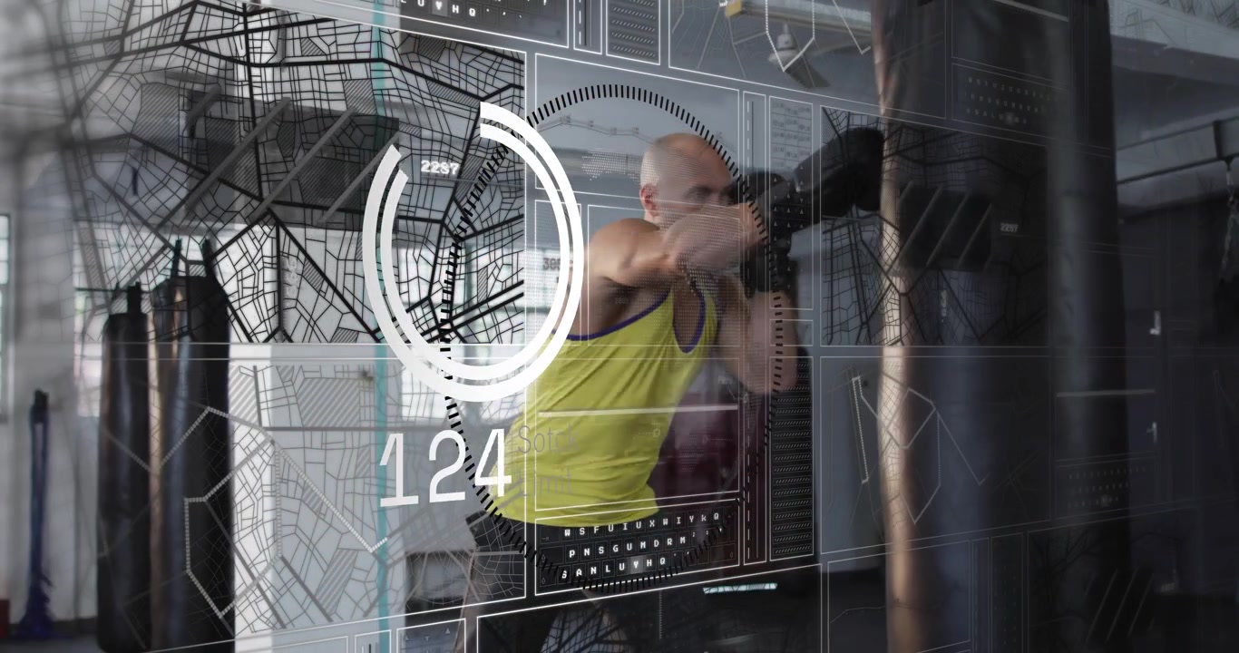 Man in gym punching bag with digital fitness data overlay animation