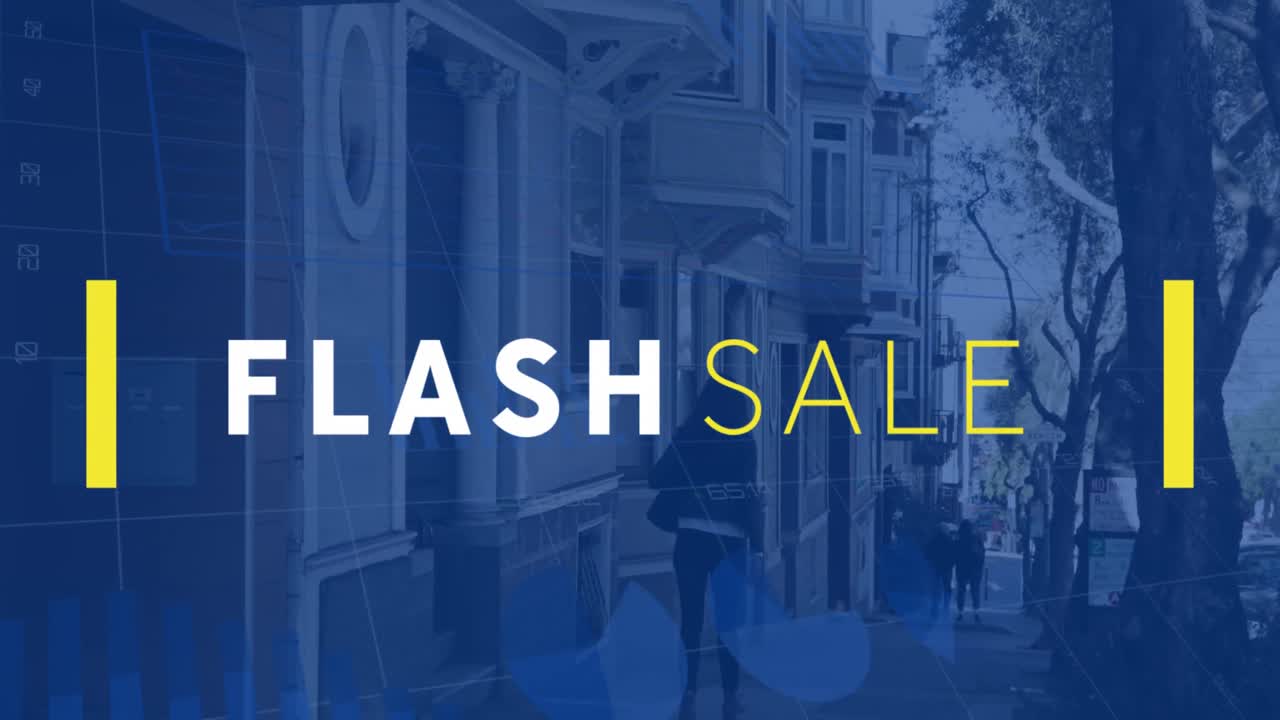 건물 에서 고 있는 여성의 뒷면에서 줄 사이에 있는 플래시 판매 텍스트의 애니메이션