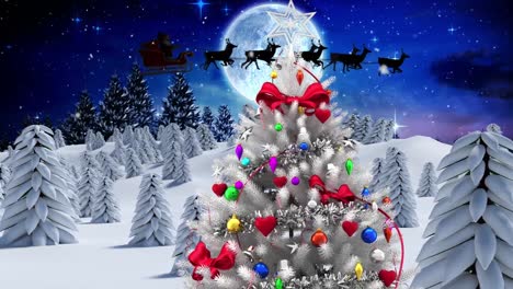 Animation-Eines-Geschmückten-Weihnachtsbaums-Und-Schnee,-Der-über-Die-Winterlandschaft-Vor-Dem-Nachthimmel-Fällt