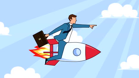 flat cartoon businessman character with case bag  fly on rocket startup concept animation