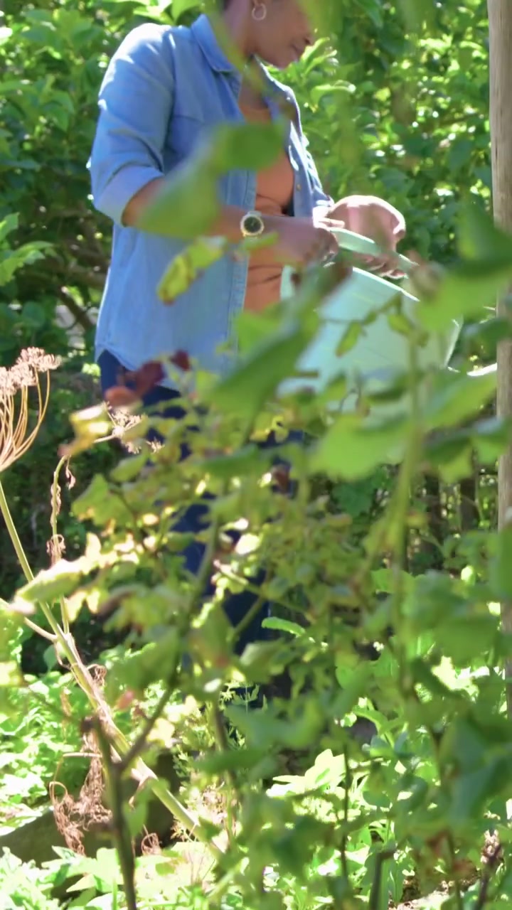 Vertical video: Watering woman in denim in garden leaning with green watering can to water plants