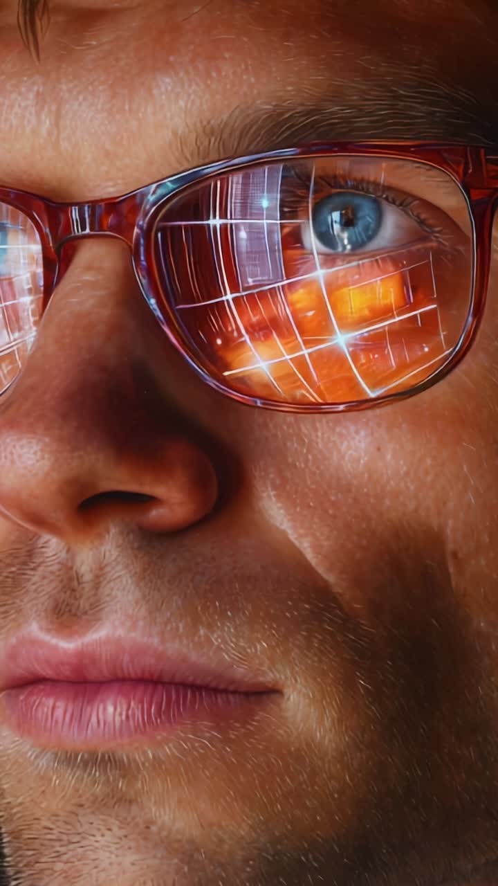 Close-up of a Person Wearing Stylish Eyewear with Reflective Lenses Showcasing an Intricate Visual Display That Captures Attention and Expresses Intrigue