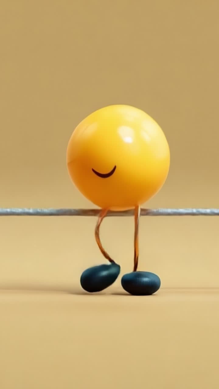 Una figura gialla allegra con una faccina sorridente si posa giocosamente su un filo sottile, mettendo in mostra un personaggio stravagante e spensierato in un ambiente minimalista.