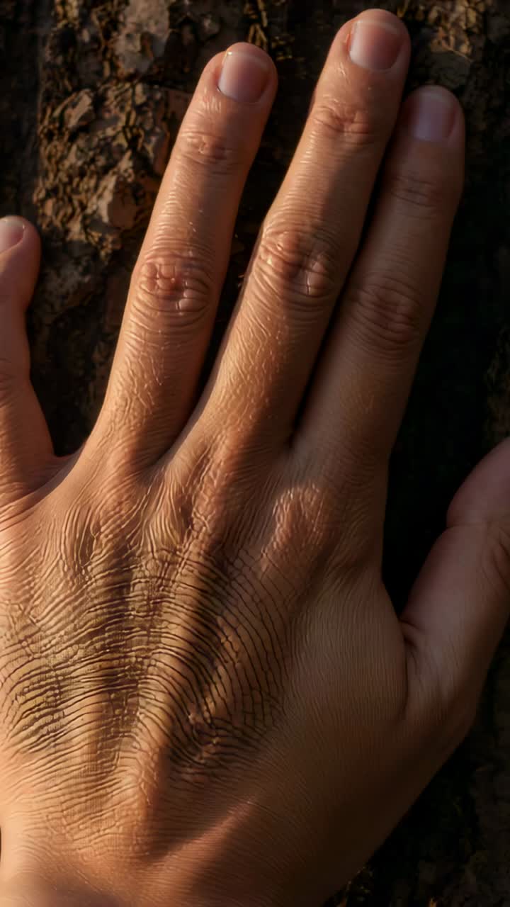 Vertical video: Pressing human hand making small adjustments on tree trunk at sunset, feeling bark