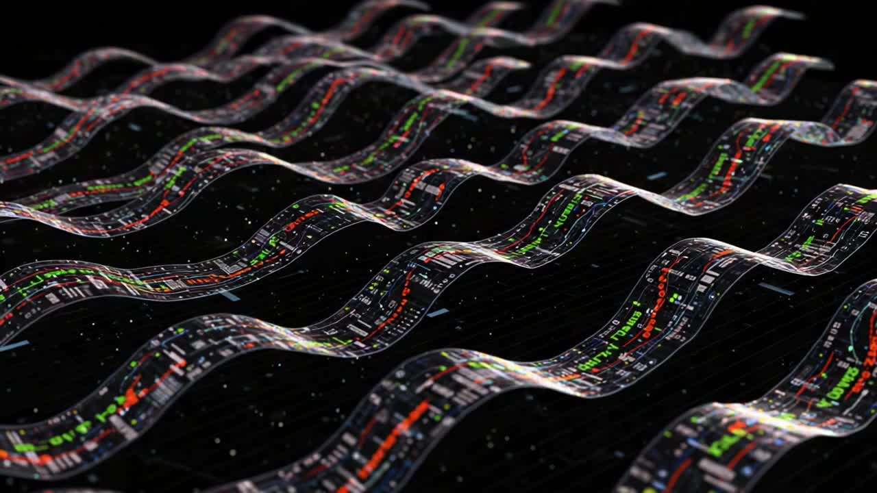 Dynamic Visualization of Data Waves: An Intricate Display of Graphical Information Flowing Through a Digital Landscape