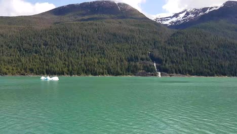 scenic landscape with lake, mountains, and icebergs