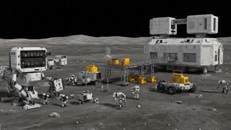 exploration and operations on the lunar surface: a futuristic scene featuring advanced robotic machinery and habitat modules amidst an alien landscape