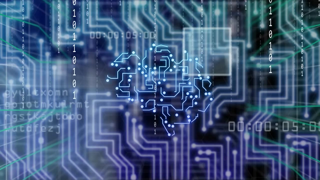 Dots appearing, aligning into neon circuit brain, scan boxes moving, nodes pulsing, indicating scan
