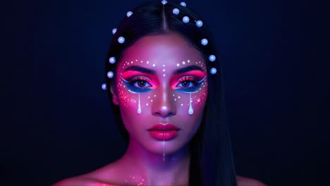 captivating portrait of a model with stunning artistic makeup and vibrant color palette, featuring intricate designs and unique use of light and shadows