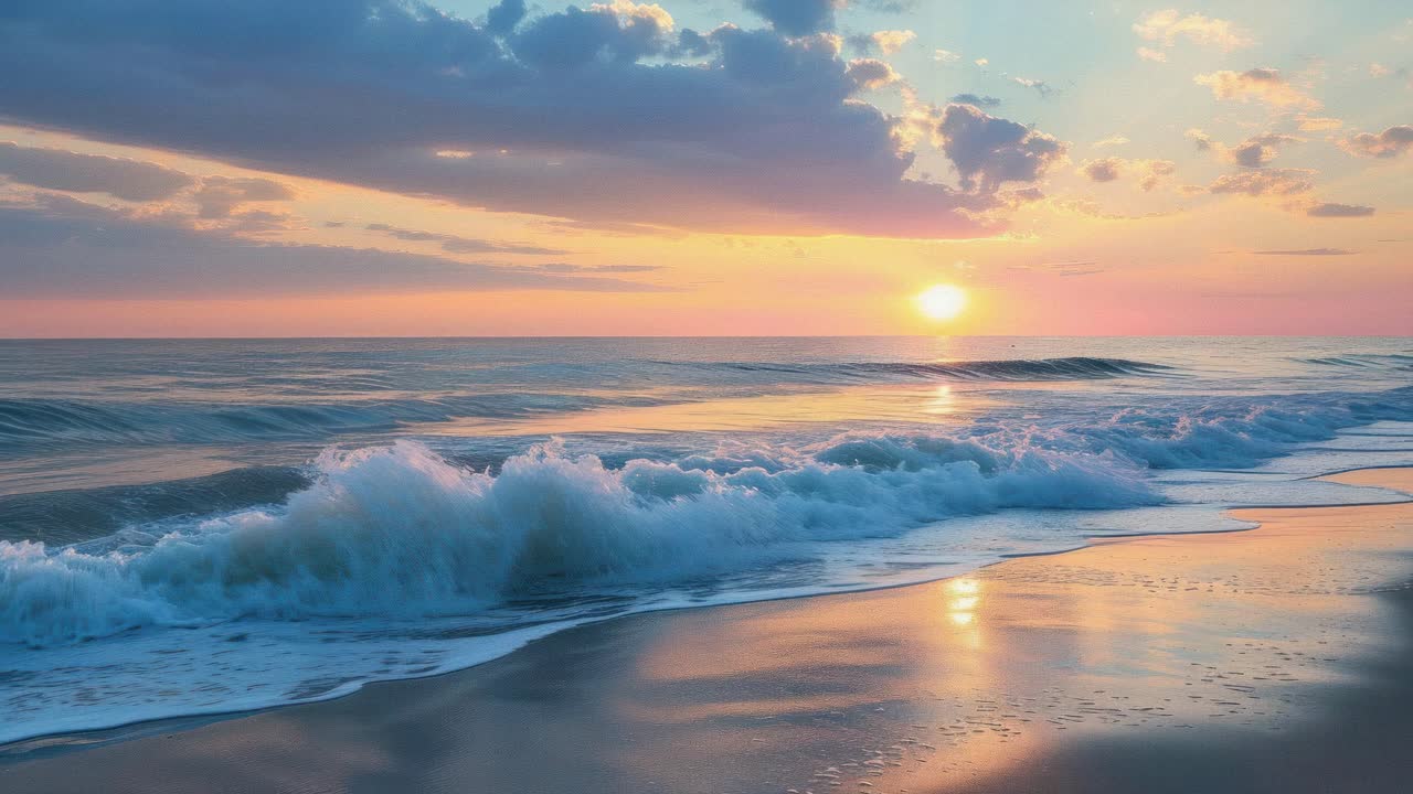 A serene beach sunset with waves gently crashing, captured from a low-angle, reminiscent