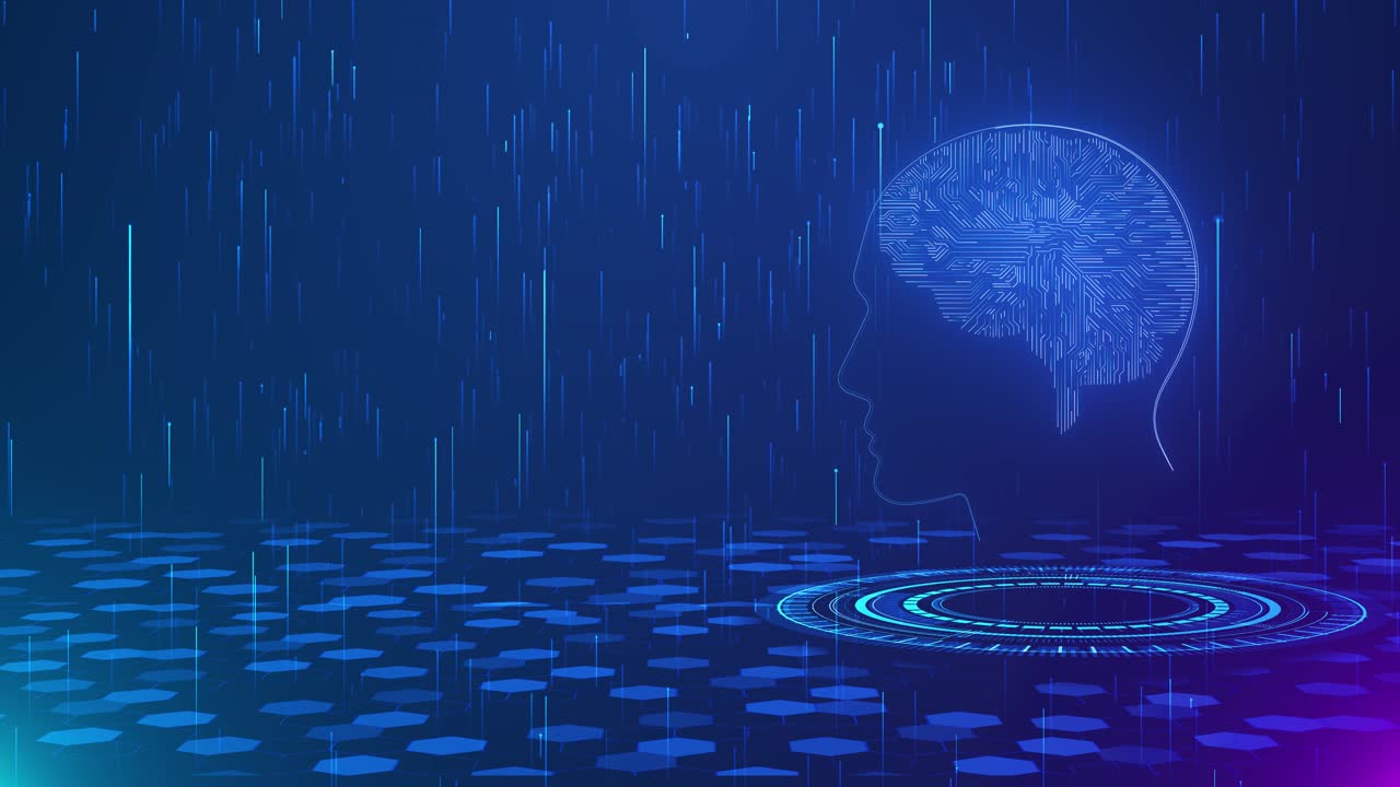 Futuristic animation glowing circuitry shape of human brain while digital rain ascends around