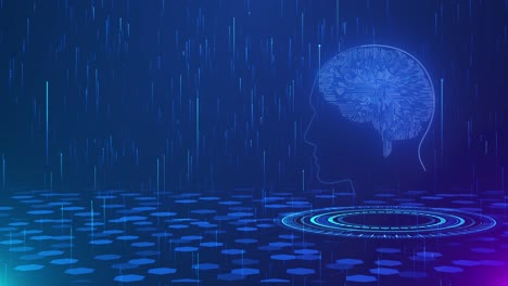 futuristic animation glowing circuitry shape of human brain while digital rain ascends around