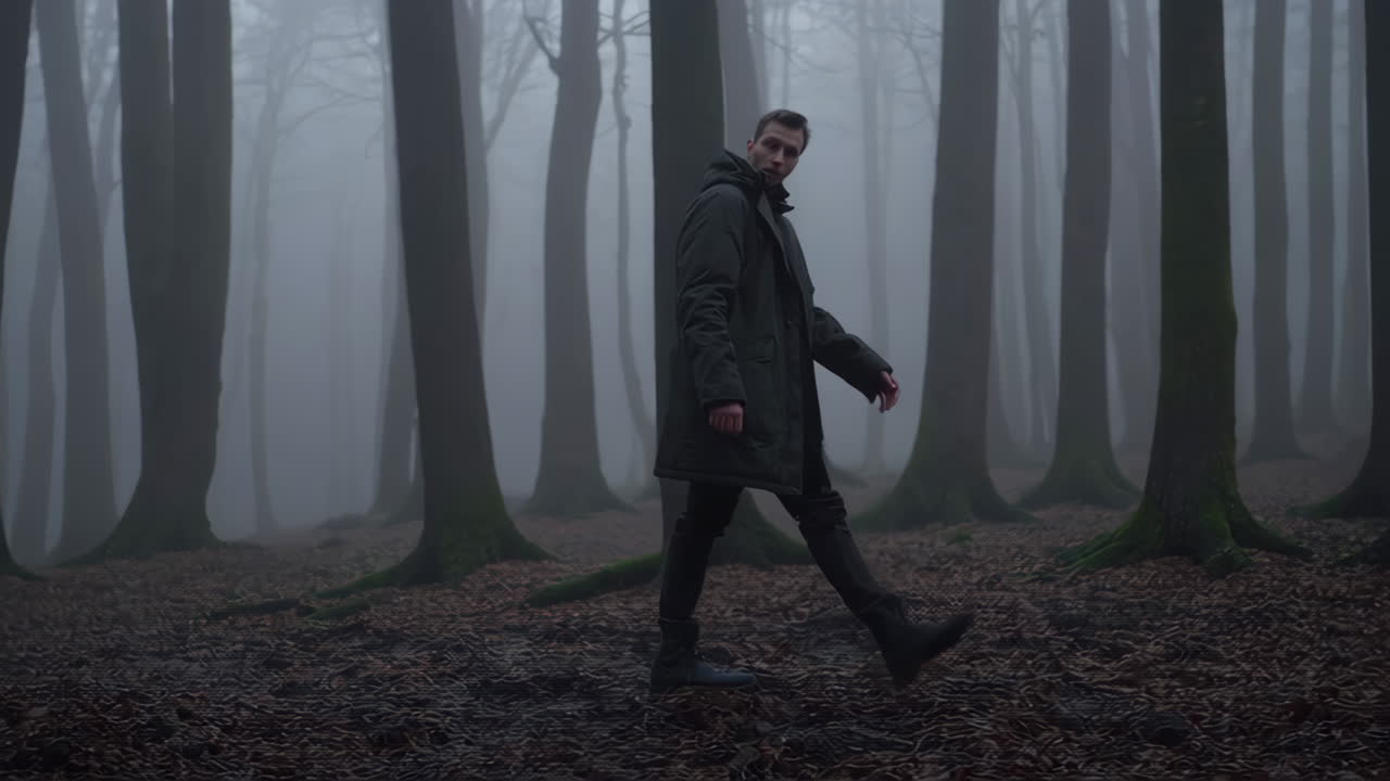Man Walking in a Foggy Forest