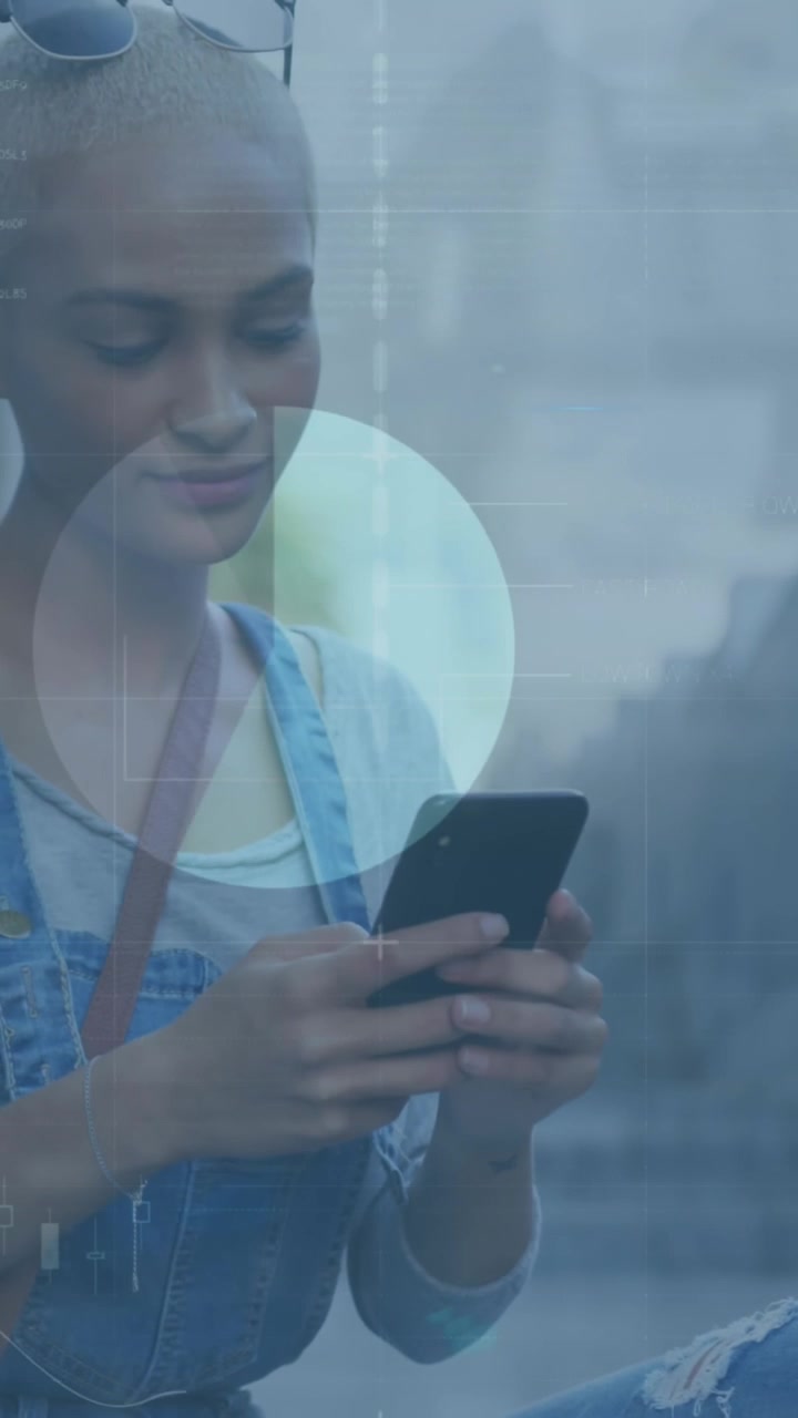 Animation of infographic interface, short hair woman with coffee chatting using cellphone