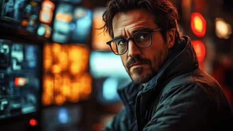man monitoring multiple screens