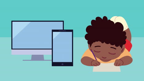 pequeño estudiante afro con escritorio y teléfono inteligente