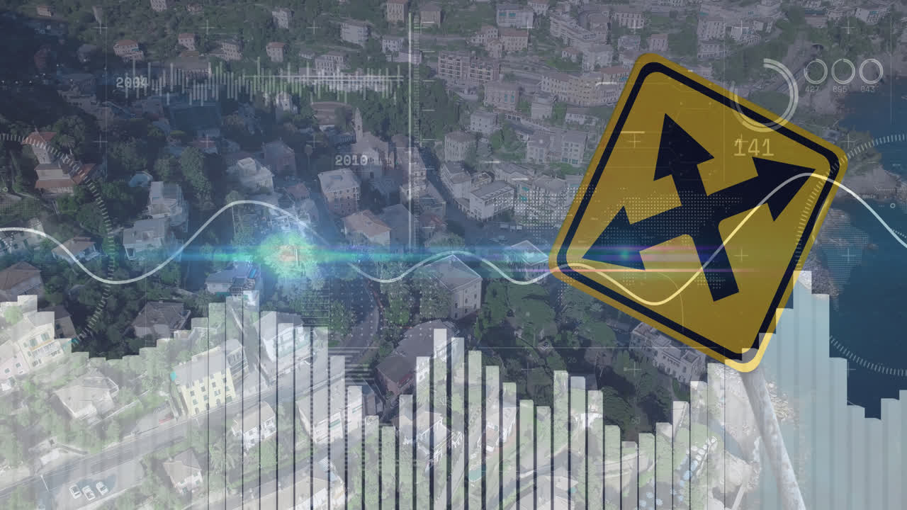 animación del procesamiento de datos financieros sobre señales de tráfico y paisaje urbano