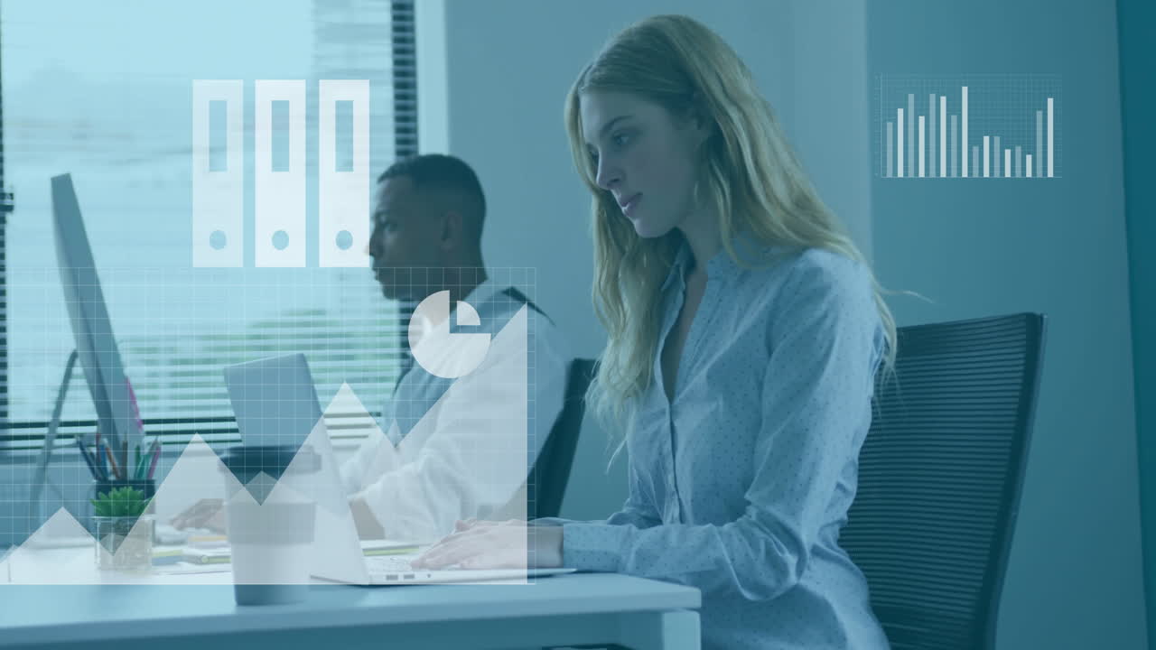 Animation of media icons and diagrams over diverse colleagues using laptops in office