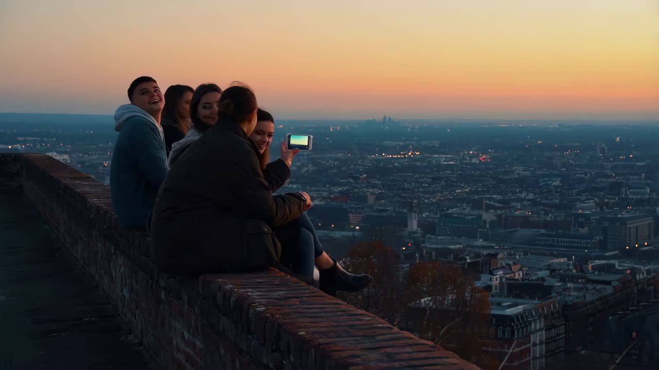 Friends enjoying a panoramic city view at sunset