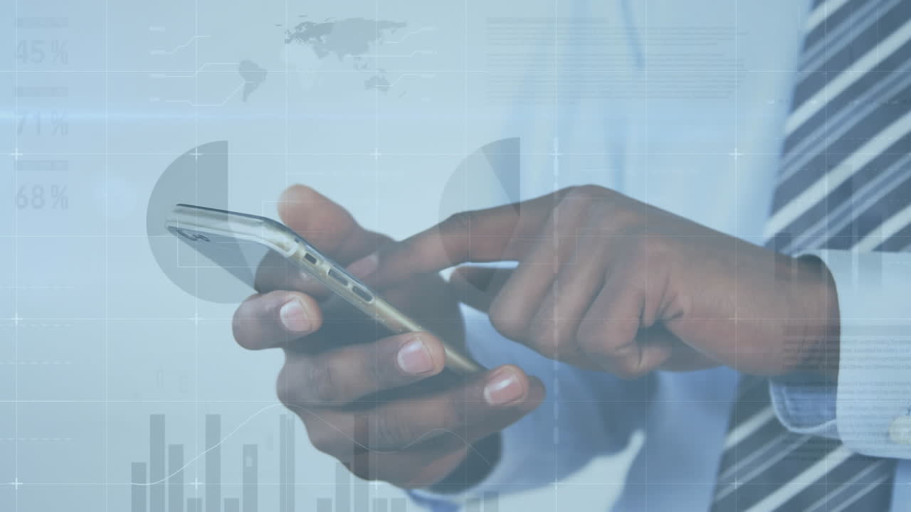 animazione dell'elaborazione dei dati statistici su una sezione centrale di un uomo d'affari che utilizza uno smartphone