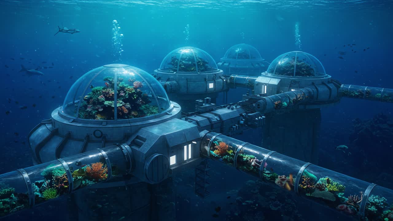 Exploring an Underwater Habitat with Transparent Tubes Showcasing Vibrant Coral Reefs in a Futuristic Oceanic Environment
