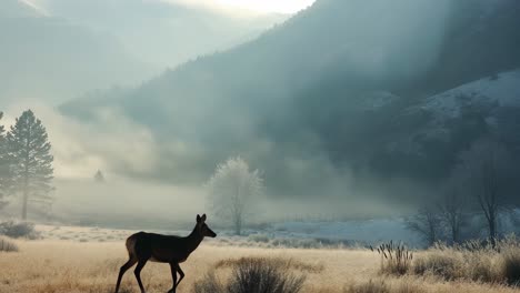 wild deer walking in a frosty field with fog, mountains, and trees in the background at sunrise, creating a serene and captivating winter scene