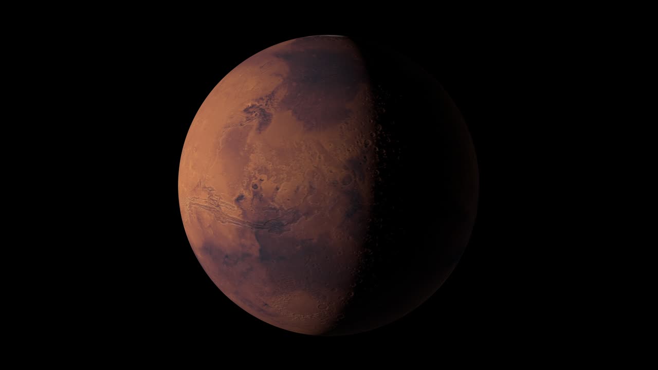 Mars. Planet. Spin Around axis. Rotate planet mars on dark. Full 3d visualisation view of Mars 4k resolution. Loop animation.