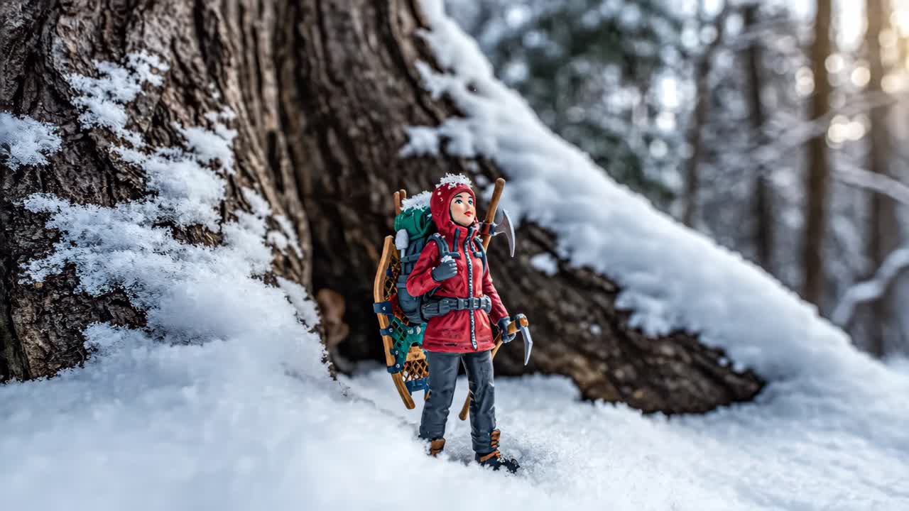 Uma boneca fazendo trilha em montanhas cobertas de neve